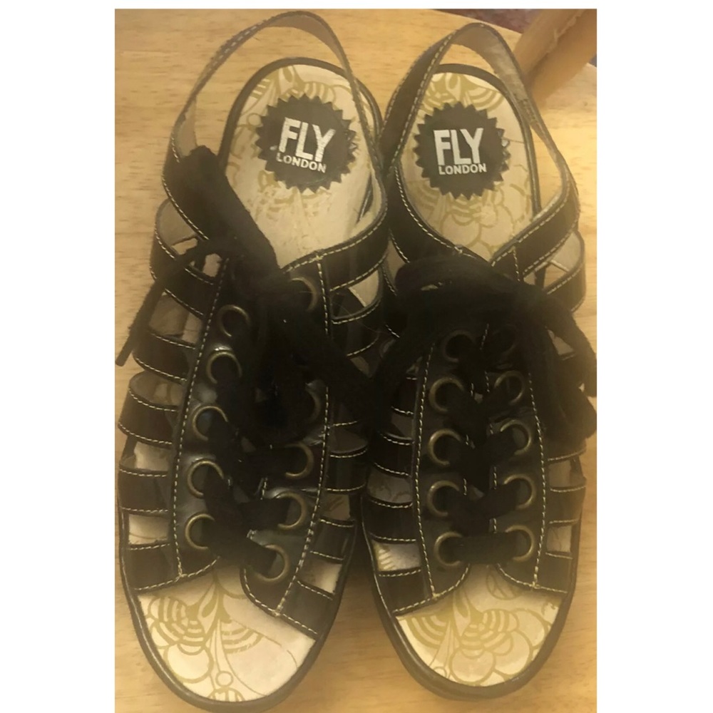 FLY LONDON Yito Black Patent Caged Lace Up Wedge